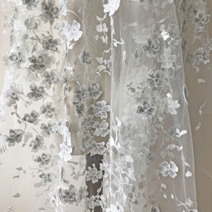 Embroidery Lace Fabric 3D Flower Off White Lace Fabric DIY Wedding Evening Dress Costume 51&quot; Width