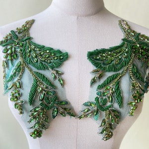 Sparkling Emerald Rhinestone Applique Heavy Beads Diamante Shoulder Patch Sewing on Bridal Wedding Ball Dress Handmade