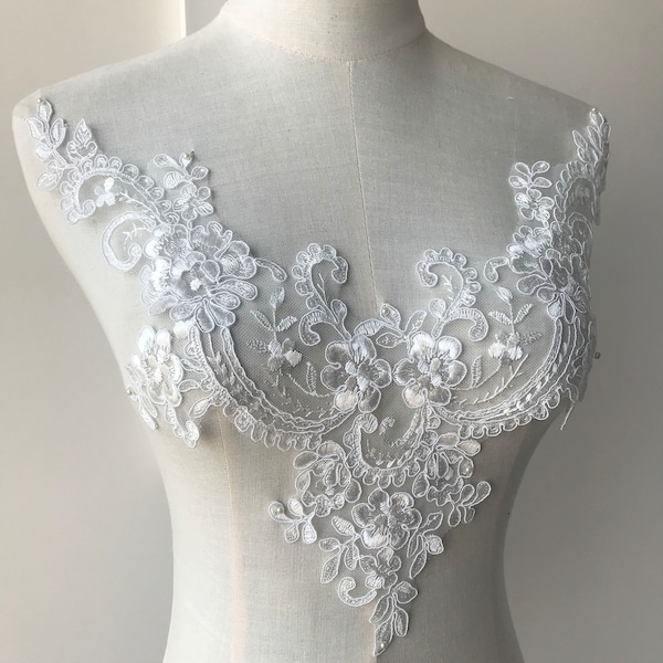 Off White V Neck Lace Applique Trims Materials Corded Embroidery - Lace Appliqué, Lace Motif, Bridal lace Appliqué, Floral Lace Trim 1 Piece