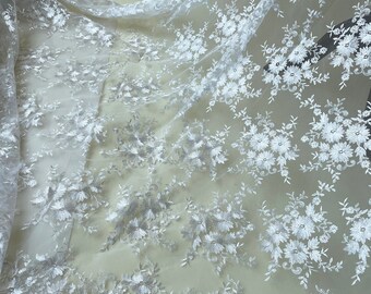 Off White Embroidery Lace Fabric Mesh Materials Trims DIY Wedding Bridal Dress Sold by the Yard