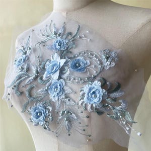 3D Floral Embroidery Lace Applique Motif Materials Lace Patch with Pearl Sewing on Bridal Wedding Dress Dance Costume Evening Dress 1 Piece