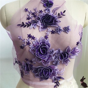 3D Floral Lace Applique Motif Materials Embroidery Lace Patch with Sequin Sewing on Bridal Wedding Dress Dance Costume Handcraft 1 Piece