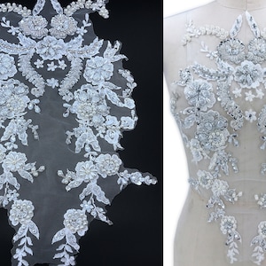Heavy Beads Bodice Rhinestone Applique Pearl Motif Diamante Lace Patch sewing on Bridal Wedding Dress Gown 1 PC