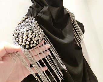 Shoulder Patches Tassel Chain Suit Crystal Epaulet Fringe Shoulder Badge Rhinestone Applique for wedding Dance Punk Costume