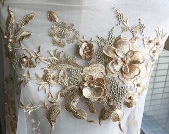 Gold Embroidery Lace Applique 3D Floral with Pear Beads Patches Materials Appliques Sewing on Wedding Evening Dress Gown Skirt 1 Piece