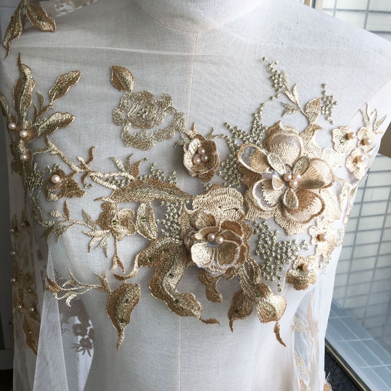 Gold Embroidery Lace Applique Motif 3D Floral With Pear Beads Patches Materials Appliques Sewing on Wedding Evening Dress Gown Skirt 1 Piece Etsy