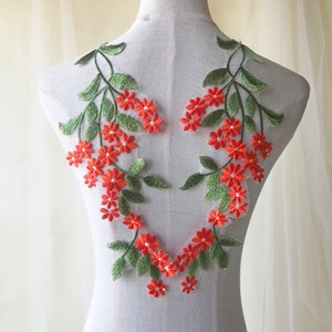 1 Pair Lace Applique  Green Vine With Orange Floral Embroidery Motif Forest Leaves Patches Appliques