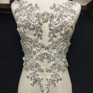 Sparkling Silver Bodice Rhinestone Applique Heavy Beads Motif Diamante Lace Patch sewing on Bridal Wedding Ball Dress Gown