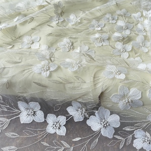 Off White Blumen Stickerei Spitze Stoff Mesh Borten mit Perle DIY Hochzeit Braut Abend Kleid Schleier Verkauft Großbestand