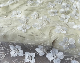 Off White Floral Embroidery  Lace Fabric Mesh Trims with Pearl DIY Wedding Bridal Evening Dress Veil Sold by the yard