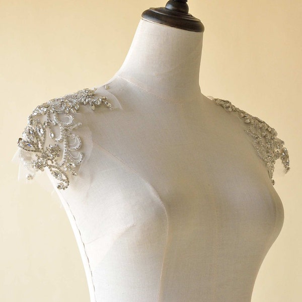 Sparkling Rhinestone Applique Shoulder Accessories Sleeve Diamante Lace Patch sewing on Bridal Wedding Ball Dress Gown