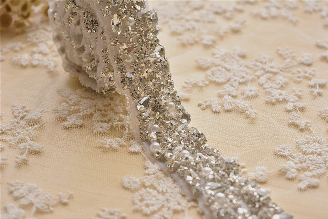 Shiny Rhinestone Shiny Rhinestone Pearl Applique Bridal Rhinestone Chain Trim Applique ...