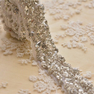 Shiny Rhinestone Pearl Applique Bridal Rhinestone Chain Trim Applique Diamante Crystal DIY Bridal Dress Applique Crystal Wedding Applique