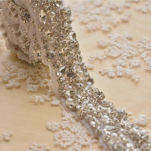 Fettuccia Di Cristalli Strass E Perline, Catena Decorativa Per Abiti Da Sposa, Fai Da Te