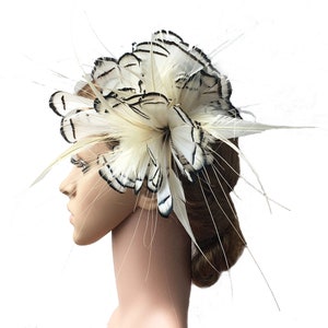 Può includere: Un fermaglio per capelli in piume bianche e nere con un grande design di piume soffici. Il fermaglio per capelli in piume è perfetto per aggiungere un tocco di eleganza a qualsiasi outfit.