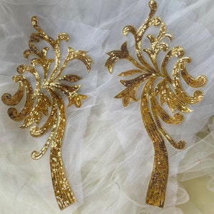 Shiny Gold Silver Lace Applique With Sequin Flower Lace Patch Sewing on Bridal Wedding Dress Dress Skirt 1 Pair