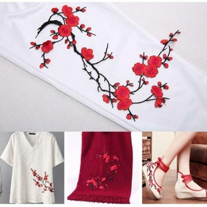 Red Plum Embroidery Lace Applique Floral Patches Appliques Motif Iron on Wedding Bridal Evening Dress Gown Hat 1 Piece