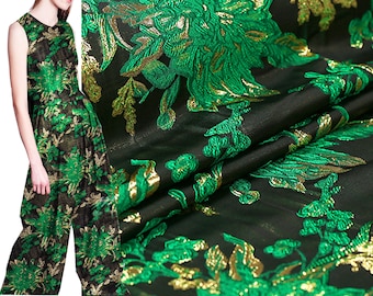 High- end Green Floral Jacquard Fabric, Polyeter Cotton Brocade Fabric, Blooming Rose Fabric for Haute Couture Costume Dress Design