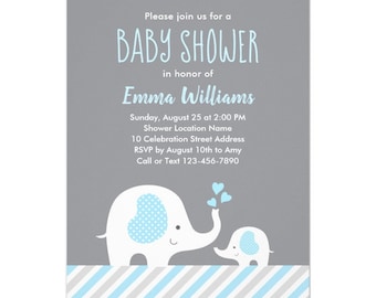 Cute Blue Gray White Elephant Animal Baby Shower Invitation for Boy Template, Printable Invitation, Editable Download | DIGITAL or PRINTED