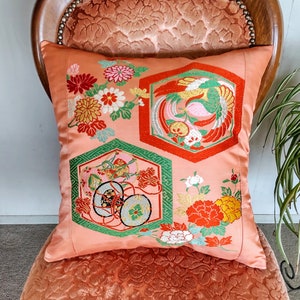 Vintage Obi(Kimono) Cushion Hexagons, birds and flower