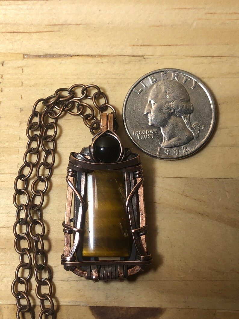 Metaphysical Jewelry Tiger\u2019s Eye and Black Onyx Protection Amulet Gift. Copper Wire Wrapped Pendant Talisman