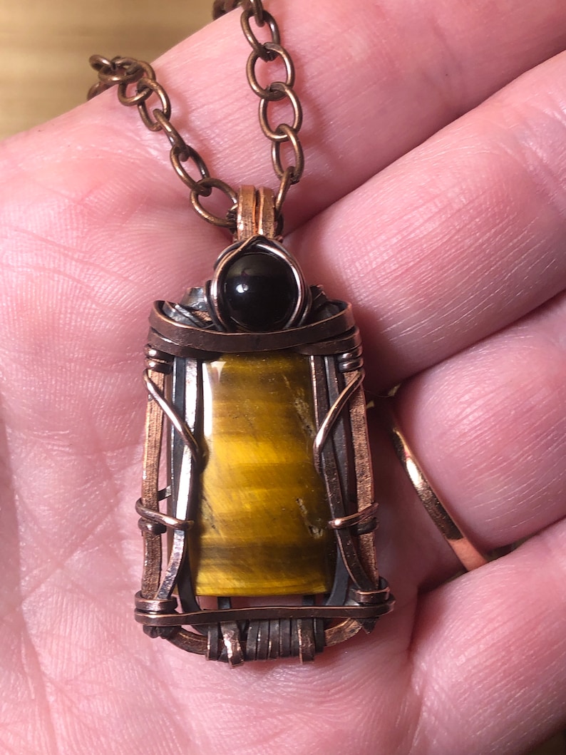 Metaphysical Jewelry Tiger\u2019s Eye and Black Onyx Protection Amulet Gift. Copper Wire Wrapped Pendant Talisman
