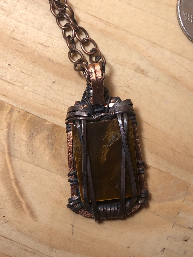 Metaphysical Jewelry Tiger\u2019s Eye and Black Onyx Protection Amulet Gift. Copper Wire Wrapped Pendant Talisman