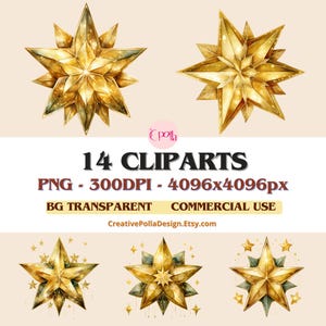 Watercolor Stars Clip Art Bundle, Watercolour Stars PNG,14 Star designs, Gold Christmas Star Clipart, Merry Christmas PNG, Digital Download