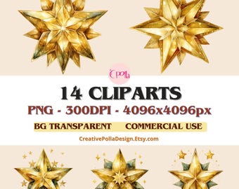 Watercolor Stars Clip Art Bundle, Watercolour Stars PNG,14 Star designs, Gold Christmas Star Clipart, Merry Christmas PNG, Digital Download