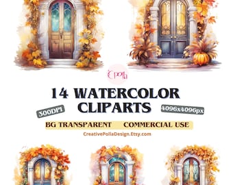 Watercolor Autumn Door Clipart, Watercolor door clipart, Pumpkin door, Floral door watercolor PNG bundle,Instant download for commercial use