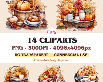 Autumn Picnic Watercolor Clipart bundle,Fall Season,Cosy Autumn Digital, Autumn Romantic, Cottage-style, Cozy Fall PNGs,Thanksgiving Clipart