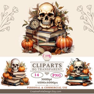 Boek en schedel clipartbundel, aquarel gotische boeken clipart, fantasiebibliotheek illustraties, bloemenboekbundel png, schedel gotische bundel png