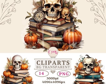 Book and Skull Clipart Bundle, Watercolor Gothic Books Clipart, Fantasy Library Clip Art, Floral Book Bundle PNG, Skull Gothic Bundle PNG