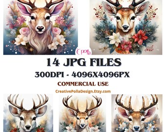 Watercolor Christmas Deer Clipart,14 High Quality JPGs,Memory Book,Junk Journals,Scrapbooks,Digital Planners,Commercial Use,Digital Download