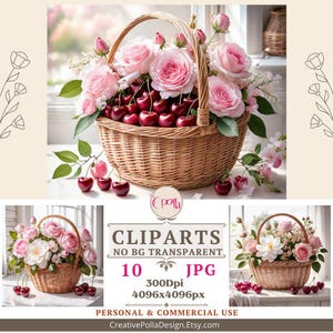 Kirschen Shabby Chic Cliparts romantische Rosen Decoupage Clip Art, 10 hochwertige JPGs romantischer Korb Digitaler Download Scrapbooking-Seiten