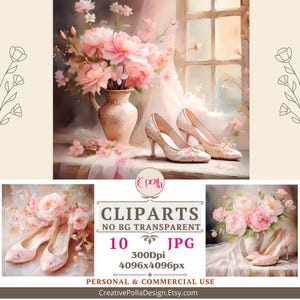 Matrimonio shabby chic digitale, scarpe da sposa vintage, clip art, download digitale romantico, Jpg di alta qualità per la stampa, inviti, scrapbooking