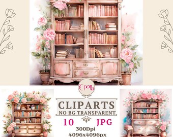Floral bookshelf clipart Stack of books watercolor Clipart,High Quality watercolor JPGs decoupage Digital paper Download Craft paper clipart