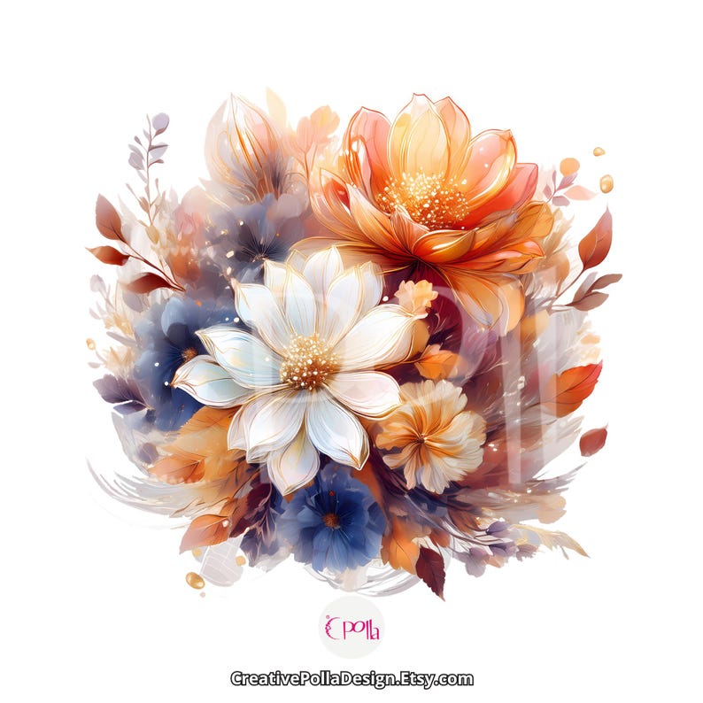 Autumn Flower PNG Clipart Bundle, Watercolor Fall Floral Bouquet ...