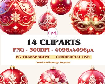 Red Christmas Decorations Clipart, Red Christmas Ornaments Clipart, Christmas Ornament PNG,Christmas Clipart, Digital Christmas Junk Journal