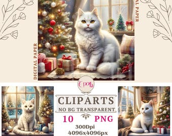 Christmas cat clipart, Christmas Cats Junk Journal Kit, Christmas Kitten Paper, Xmas Digital Paper,Vintage Christmas Cats paper PNG Download