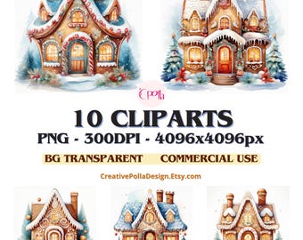 Gingerbread Houses Watercolor Christmas Clip Art Bundle,Craft Scrapbooking Instant Download Commercial use Transparent PNG Clipart Printable
