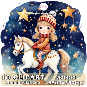 Clipart de menina de Natal, Clipart de cavalo em aquarela, Clipart de carrossel, PNGs de alta qualidade, Download digital, Design de sublimação, Uso comercial