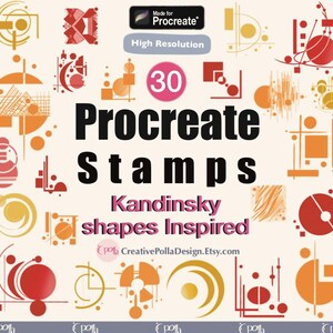 May include: A set of 30 Procreate stamps inspired by Kandinsky shapes. The stamps feature geometric shapes in red, orange, and yellow.