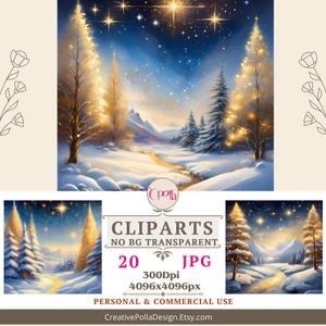 Winter night ClipArt, Gold Winter Wonderland Clipart, High Quality JPGs,Digital paper Crafting,Digital Planner,Card making, Digital Download