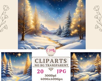 Winter night ClipArt, Gold Winter Wonderland Clipart, High Quality JPGs,Digital paper Crafting,Digital Planner,Card making, Digital Download