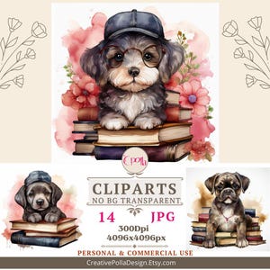 May include: Digital clipart set of three watercolour illustrations of dogs wearing hats and glasses, sitting on stacks of books. The dogs are a brown and white terrier, a grey and white terrier, and a brown and black pug. The background is a watercolour wash of pink and white.