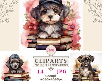 Watercolor Puppy Dog and Books Clipart,Dog Clipart,Books JPG,Books Clipart,Dog Lover,Sublimation Design,Digital Download,Dog Reading, JPGs
