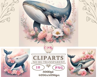 Pink floral whale clipart Printable watercolor clipart, Whale illustration high quality PNG Digital download, Paper craft,junk journal clips