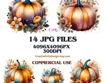 Floral Pumpkin Watercolour,Autumn Pumpkin Clip Art,14 High Quality JPGs,Pumpkin Bundle,Pumpkin Printable,Elegant Pumpkin,Clipart bundle, JPG