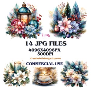 Decorações de Natal elegantes Clipart, buquê de Natal, clipart floral em aquarela, clipe de uso comercial, clipe de buquês de inverno, clipart JPGs